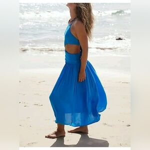 NWT Free People Suki Midi Dress L Large Blue Cutout Beach Halter Tie Back